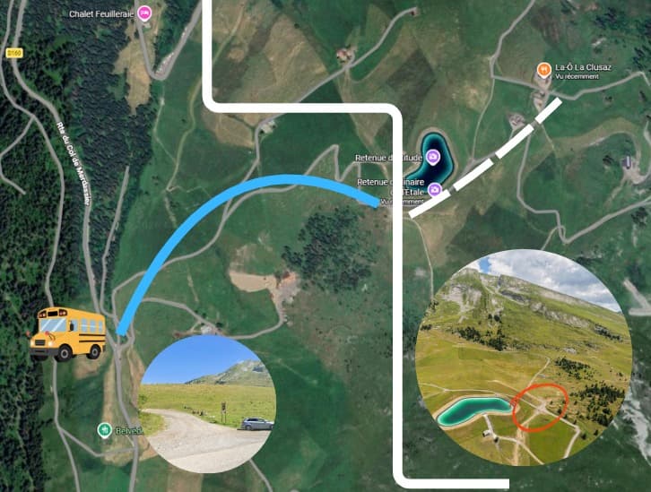 Carte du parcours — piste bleue jusqu'au lac puis 400m à pied